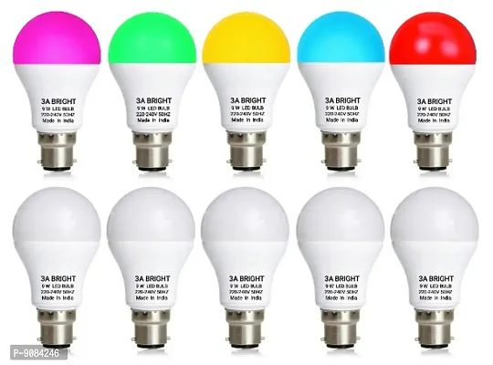 3A Bright 9 Watt B22 Round Color Led Bulb Pink Green Blue Red Warm White And Silver White Combo Pack Of 10 Piece