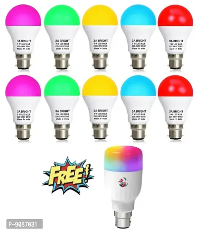3A BRIGHT 9 Watt B22 Round Colour LED Bulb (Pink, Green, Blue, Red, Warm White and FREE Bullet 3in1) Combo Pack of 11 Piece