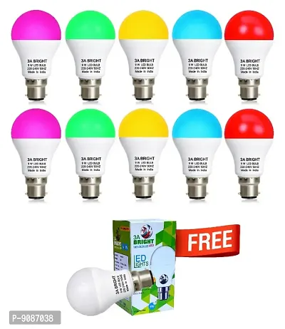 3A BRIGHT 9 Watt B22 Round Colour LED Bulb (Pink, Green, Blue, Red, Warm White and FREE Silver White Long Life) Combo Pack of 11 Piece-thumb0