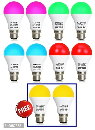 3A BRIGHT 9 Watt B22 Round Colour LED Bulb (Pink, Green, Blue, Red and FREE Warm White) Combo Pack of 10 Piece