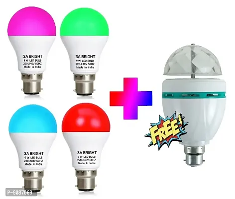 3A BRIGHT 9 Watt B22 Round Colour LED Bulb (Pink, Green, Blue, Red + FREE Disco Bulb) Combo Pack of 5 Piece