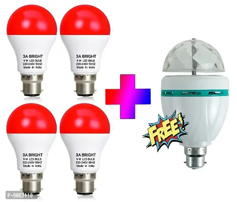 3A BRIGHT 9 WATT B22 ROUND COLOR LED BULB (Buy RED Pack of 4 + Get FREE Disco Bulb Pack of 1)