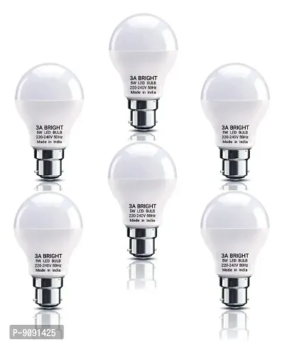 3A BRIGHT 5-Watt B22 Round Plastic Body DOB LED Bulb Silver White (Pack of 6)