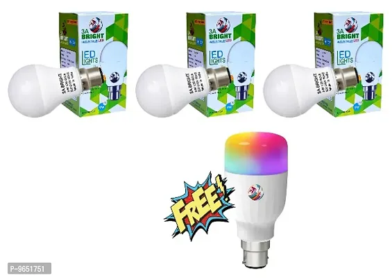 3A BRIGHT 9W B22 LED Cool White Bulb and Bullet 3-in-1 LED Bulb (Red/Blue/Pink) Pack of 4