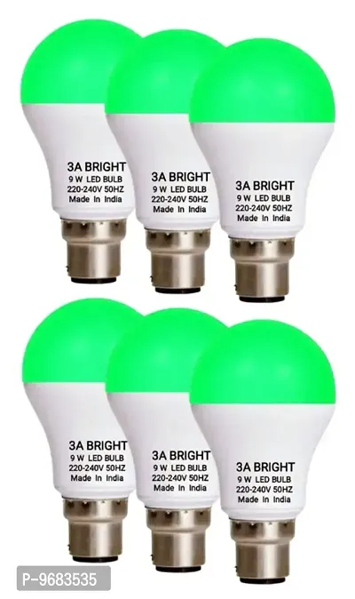 3A BRIGHT 9 Watt B22 Round Green Colour LED Bulb, Pack of 6 Bulb