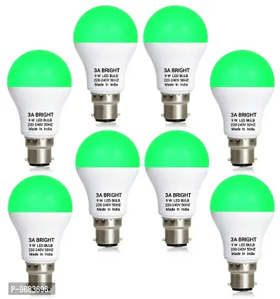 3A BRIGHT 9 Watt B22 Round Green Colour LED Bulb, Pack of 8