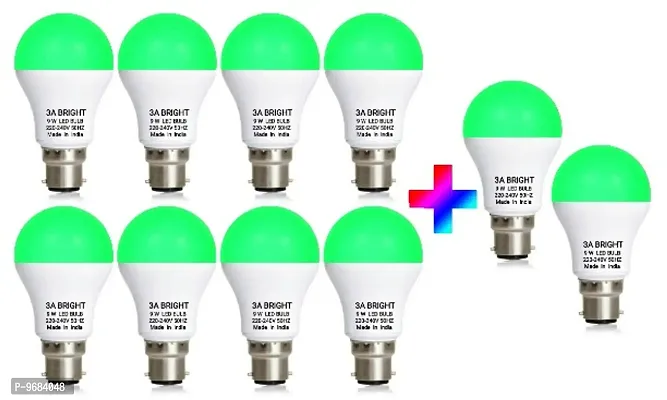 3A BRIGHT 9 Watt B22 Round Colour LED Bulb (Green, Buy 8 Get 2 Free)