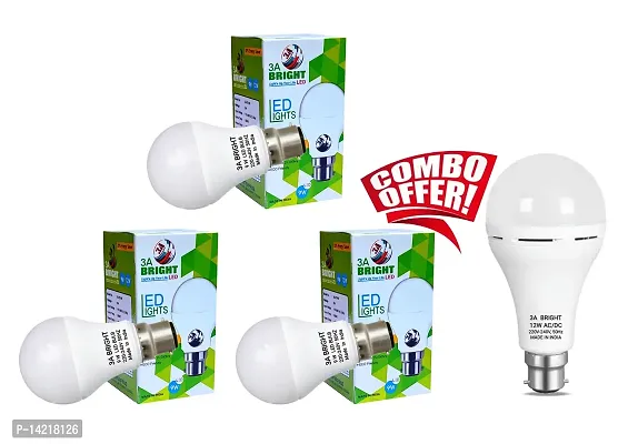 3A BRIGHT 9W B22 Long Life Cool Day White LED Bulb Pack of 3 and 12W B22 ACDC Rechargeable LED Bulb Pack of 1 Bulb