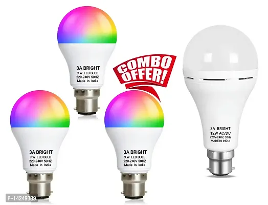 3A BRIGHT 9-Watt B22 3-IN-1 LED Bulb Pack of 3 and 12W B22 ACDC Rechargeable LED Bulb (Pack of 1 Bulb)