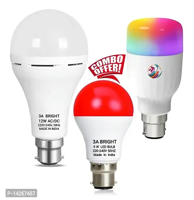 3A BRIGHT B22 12W ACDC Rechargeable LED Bulb , Bullet 3-IN-1 Bulb and  Red Led Bulb (Combo Pack of 3 Bulb)