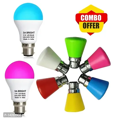 3A BRIGHT 9W B22 Color LED Bulb (Bulu Pack of 1 and Pink Pack of 1 ) and 0.5W Mushroom LED Night Bulbs Pack of 6