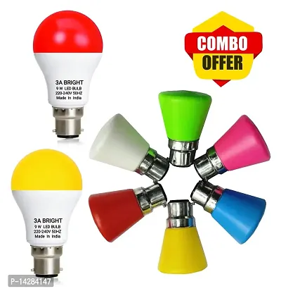 3A BRIGHT 9W B22 Color LED Bulb (Red Pack of 1 and Warm White Pack of 1 ) and 0.5W Mushroom LED Night Bulbs Pack of 6