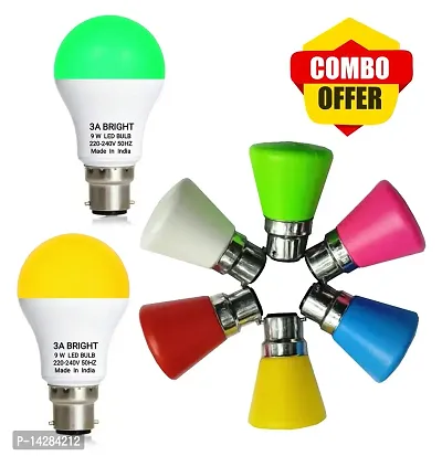 3A BRIGHT 9W B22 Color LED Bulb (Green Pack of 1 and Warm White Pack of 1 ) and 0.5W Mushroom LED Night Bulbs Pack of 6