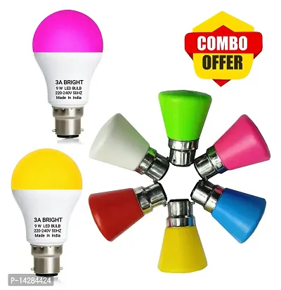 3A BRIGHT 9W B22 Color LED Bulb (Pink Pack of 1 and Warm White Pack of 1 ) and 0.5W Mushroom LED Night Bulbs Pack of 6