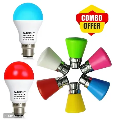 3A BRIGHT 9W B22 Color LED Bulb (Bulu Pack of 1 and Red Pack of 1 ) and 0.5W Mushroom LED Night Bulbs Pack of 6