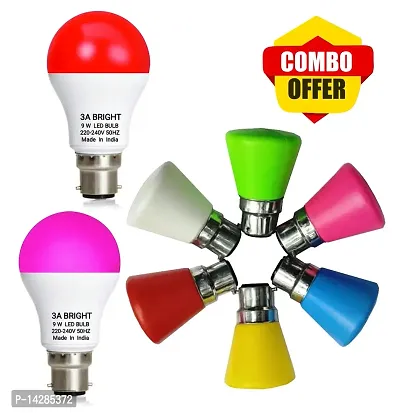 3A BRIGHT 9W B22 Color LED Bulb (Red Pack of 1 and Pink Pack of 1 ) and 0.5W Mushroom LED Night Bulbs Pack of 6