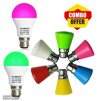 3A BRIGHT 9W B22 Color LED Bulb (Pink Pack of 1 and Green Pack of 1 ) and 0.5W Mushroom LED Night Bulbs Pack of 6