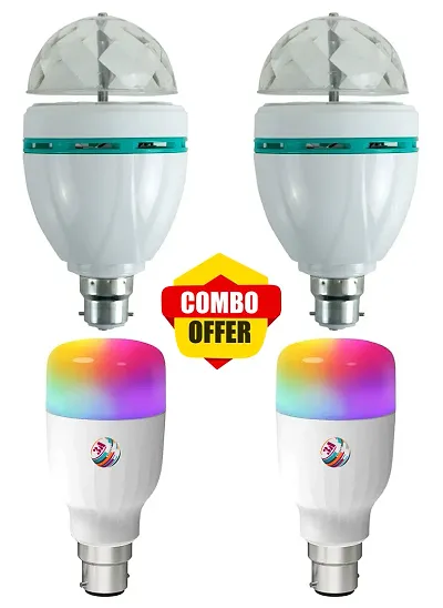 3A BRIGHT 3W RGB Projector Crystal Auto Rotating Color Changing Lamp and 9 Watt B22 Bullet 3-in-1 LED Bulb (Red/Blue/Pink)(Combo Pack of 4 Bulb)