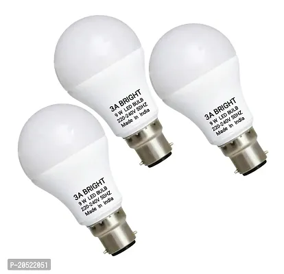3A BRIGHT 9 Watt B22 Silver White Round LED Bulb (Pack of 3)