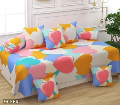 Printed Microfiber Diwan Set 8 Pieces, 1 Single bedsheet, 5 Cushions Covers and 2 Bolster Covers-Multi Hearts