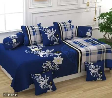 Printed Microfiber Diwan Set 8 Pieces, 1 Single bedsheet, 5 Cushions Covers and 2 Bolster Covers-Blue