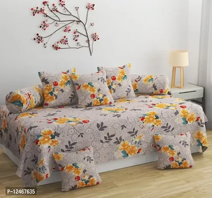 Printed Microfiber Diwan Set 8 Pieces, 1 Single bedsheet, 5 Cushions Covers and 2 Bolster Covers-thumb0