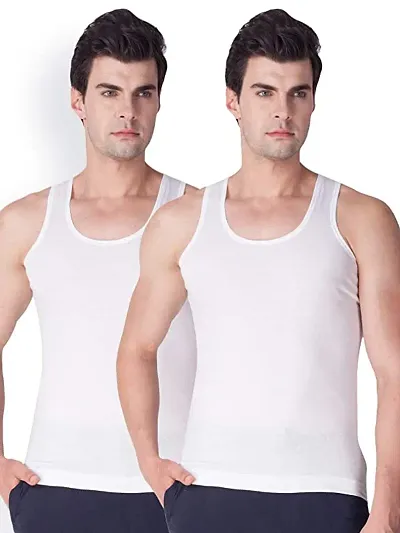 White Solid Cotton Basic Vests For Men