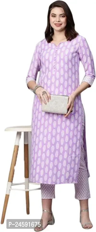 Beautiful Purple Printed Cotton Blend Kurta Pant Set For Women-thumb0