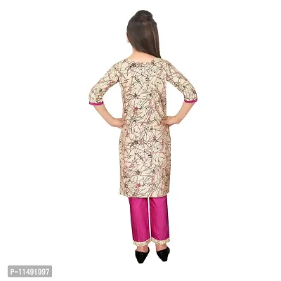 Sevgi Girl's Dupion Cotton Blend Printed Kurti with Trousers Set (Pink 11-12 Years)-thumb3