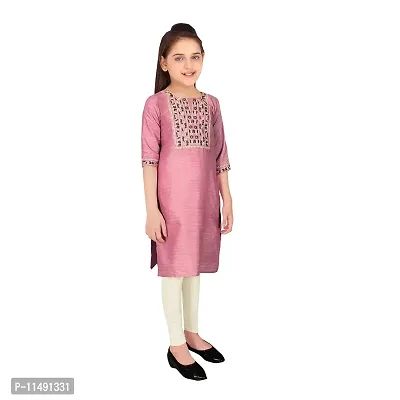 Sevgi Girl's Cotton Linen Blend Embroidered Kurti with Leggings Set (Pink 7-8 Years)-thumb2