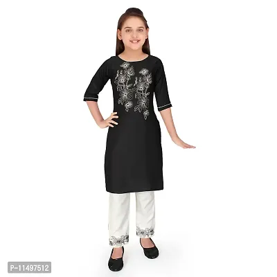 Sevgi Girl's Rayon Embroidered Kurti with Trousers (Black 4-5 Years)-thumb0