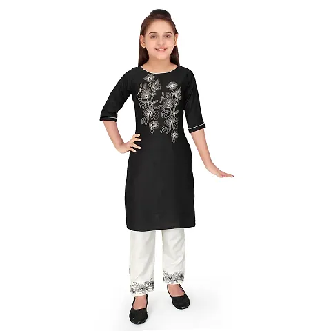 Sevgi Girl's Rayon Embroidered Kurti with Trousers (Black 4-5 Years)