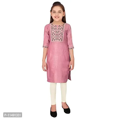 Sevgi Girl's Cotton Linen Blend Embroidered Kurti with Leggings Set (Pink 7-8 Years)