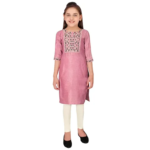 Sevgi Girl's Linen Blend Embroidered Kurti with Leggings Set (Pink 7-8 Years)