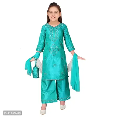 Sevgi Girl's Silk Salwar Suit Set with Potli bag (Turquoise 4-5 Years)