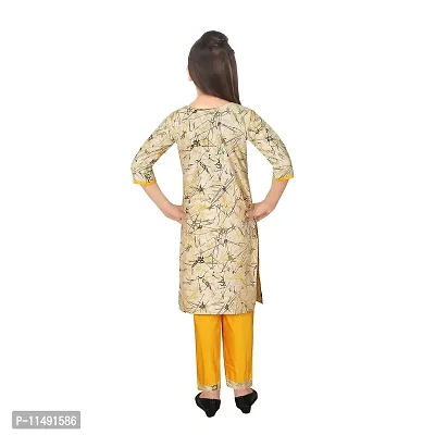 Sevgi Girl's Dupion Cotton Blend Printed Kurti with Trousers Set (Gold 13-14 Years)-thumb3