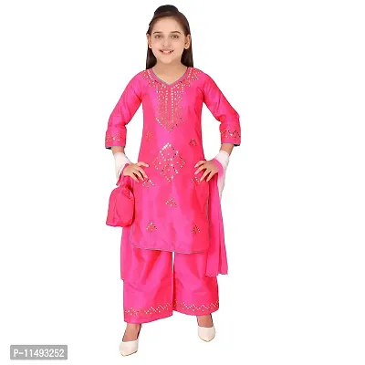 Sevgi Girl's Silk Salwar Suit Set with Potli bag (Pink 4-5 Years)