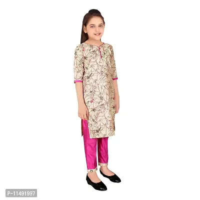 Sevgi Girl's Dupion Cotton Blend Printed Kurti with Trousers Set (Pink 11-12 Years)-thumb2