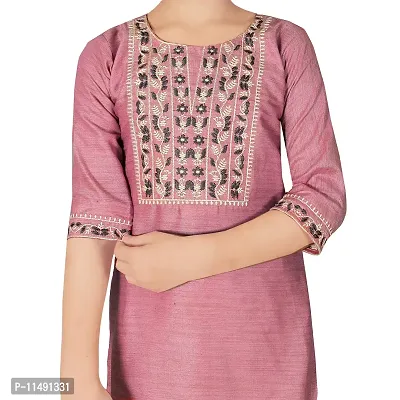 Sevgi Girl's Cotton Linen Blend Embroidered Kurti with Leggings Set (Pink 7-8 Years)-thumb4