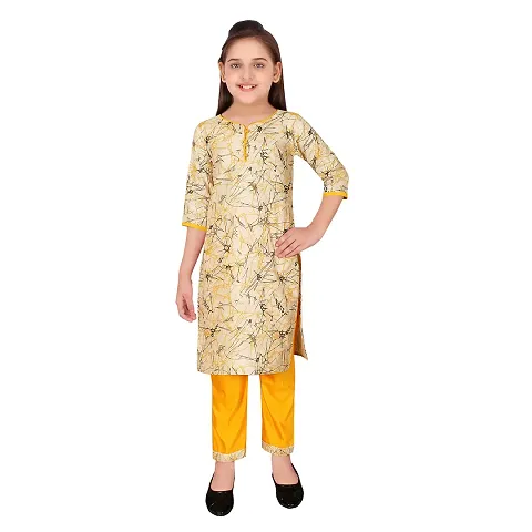 Sevgi Girl's Dupion Blend Kurti with Trousers Set (Gold 13-14 Years)