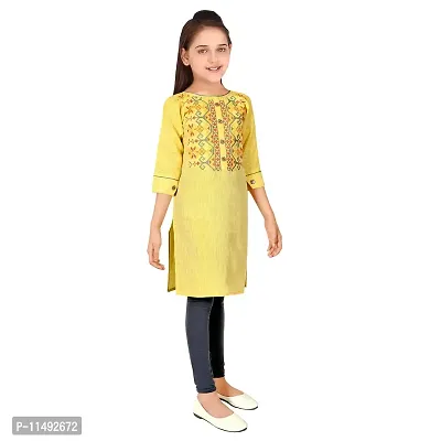 Buy Sevgi Girl's Cotton Linen Blend Embroidered Kurti with Leggings Set  (Lime 4-5 Years) at