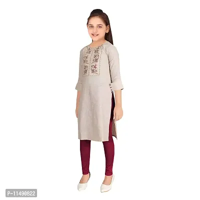Sevgi Girl's Cotton Blen Embroidered Kurti with Leggings Set (Camel 15-16 Years)-thumb2