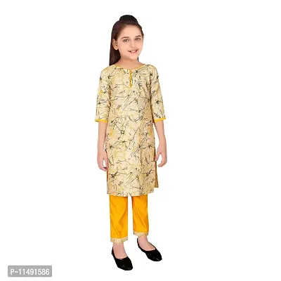 Sevgi Girl's Dupion Cotton Blend Printed Kurti with Trousers Set (Gold 13-14 Years)-thumb2