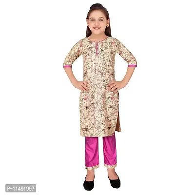 Sevgi Girl's Dupion Cotton Blend Printed Kurti with Trousers Set (Pink 11-12 Years)