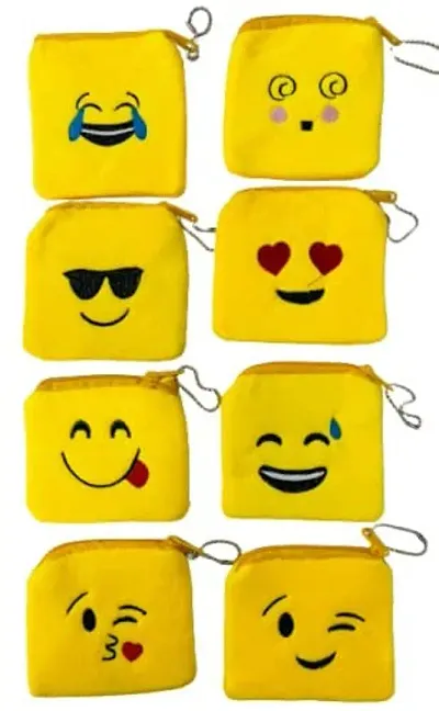 Youth Enterprises Pack of 6 Emoji Smiley Fur Zip Pouch Trendy Cool Emoticons Purse Soft Furry Plush Yellow Coin Money Stationery Accessories Women Wallet Bag for Kids Kanjak Birthday Return Gift Set Party Supply