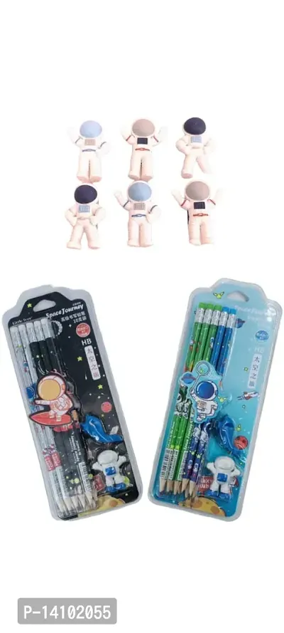 Pack of 2 Pencil Set Stylish Space Pencils Stationary Kit - Pencil Set with 6Pcs Space Erasers