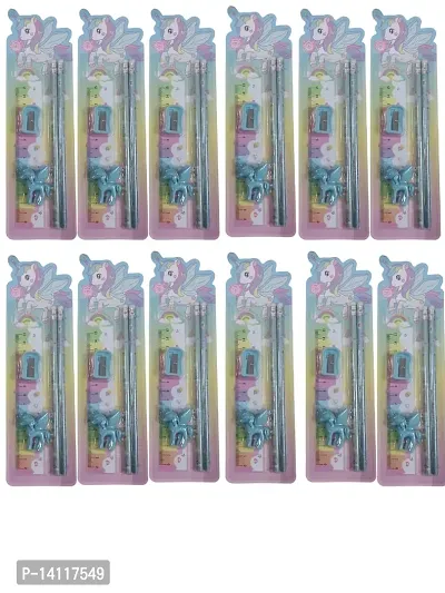 Pack of 12 Cute Unicorn Theme 2 Pencil 1 Scale and 1 Sharpener 1 Erasers Set.