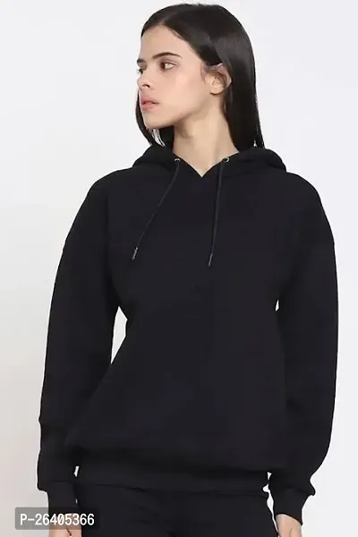 Stylish Cotton Blend Black Solid Hoodies For Women