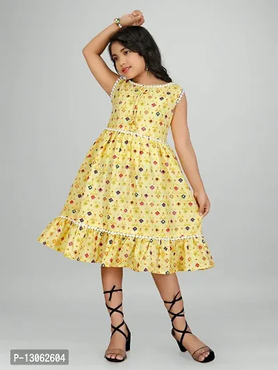 Elegant Yellow Printed Cotton Rayon Frocks For Girls-thumb0