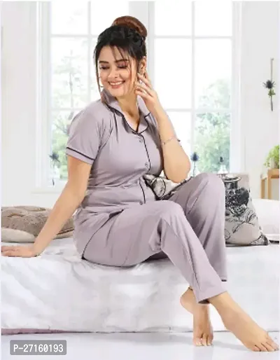 Stylish Lycra Grey Solid Night Suits For Women-thumb0